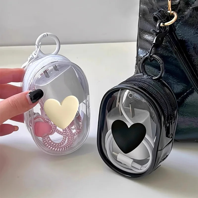 3D Love Heart Round Black Transparent Cosmetic Bags Jewelry Organizer Portable Data Cable Earphone Coin Charger Storage Pouches