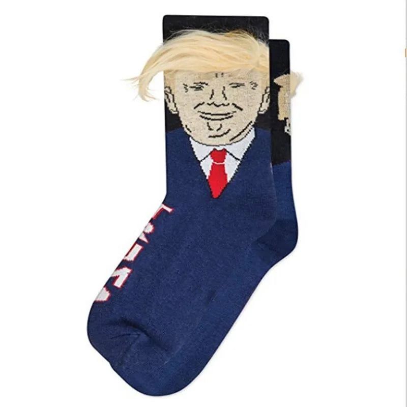 Funny and Funny Donald Trump Presidential Socks With 3D Fake Hair Round Neck Socks for Men's Street Clothing Hip Hop Socks