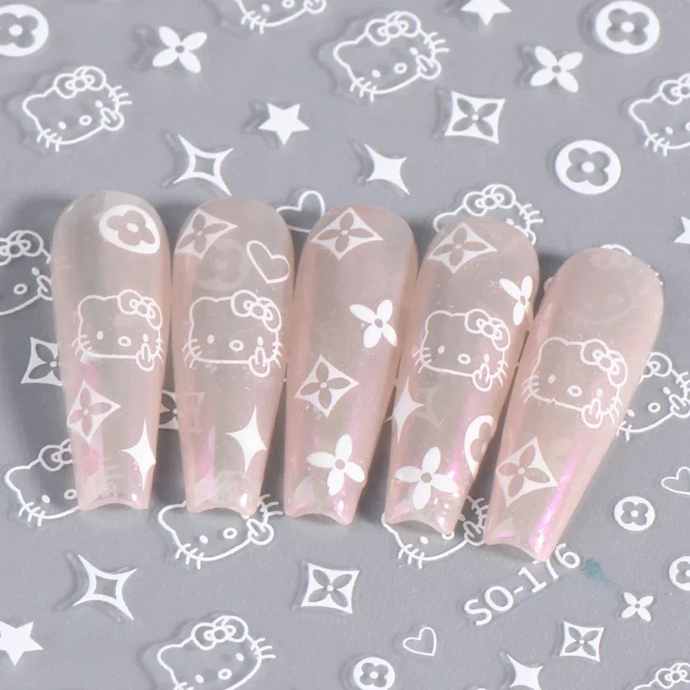 New Nail Stickers Cartoon Stickers Star Bow Hello-Kitty S-Sanrio Cartoon Cat Watercolor Smudge Back Glue Nail Sticker Manicure