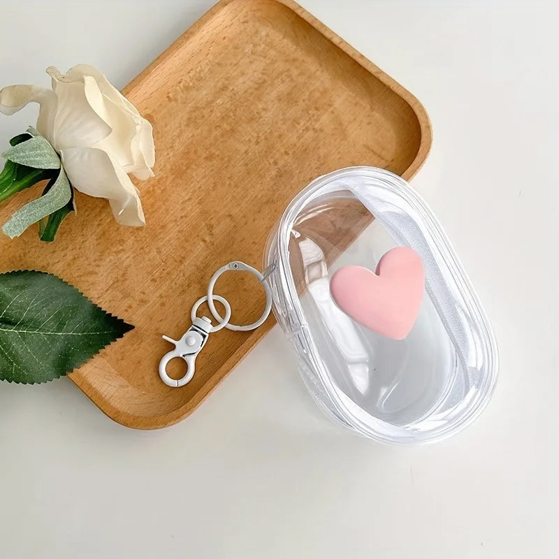 3D Love Heart Round Black Transparent Cosmetic Bags Jewelry Organizer Portable Data Cable Earphone Coin Charger Storage Pouches