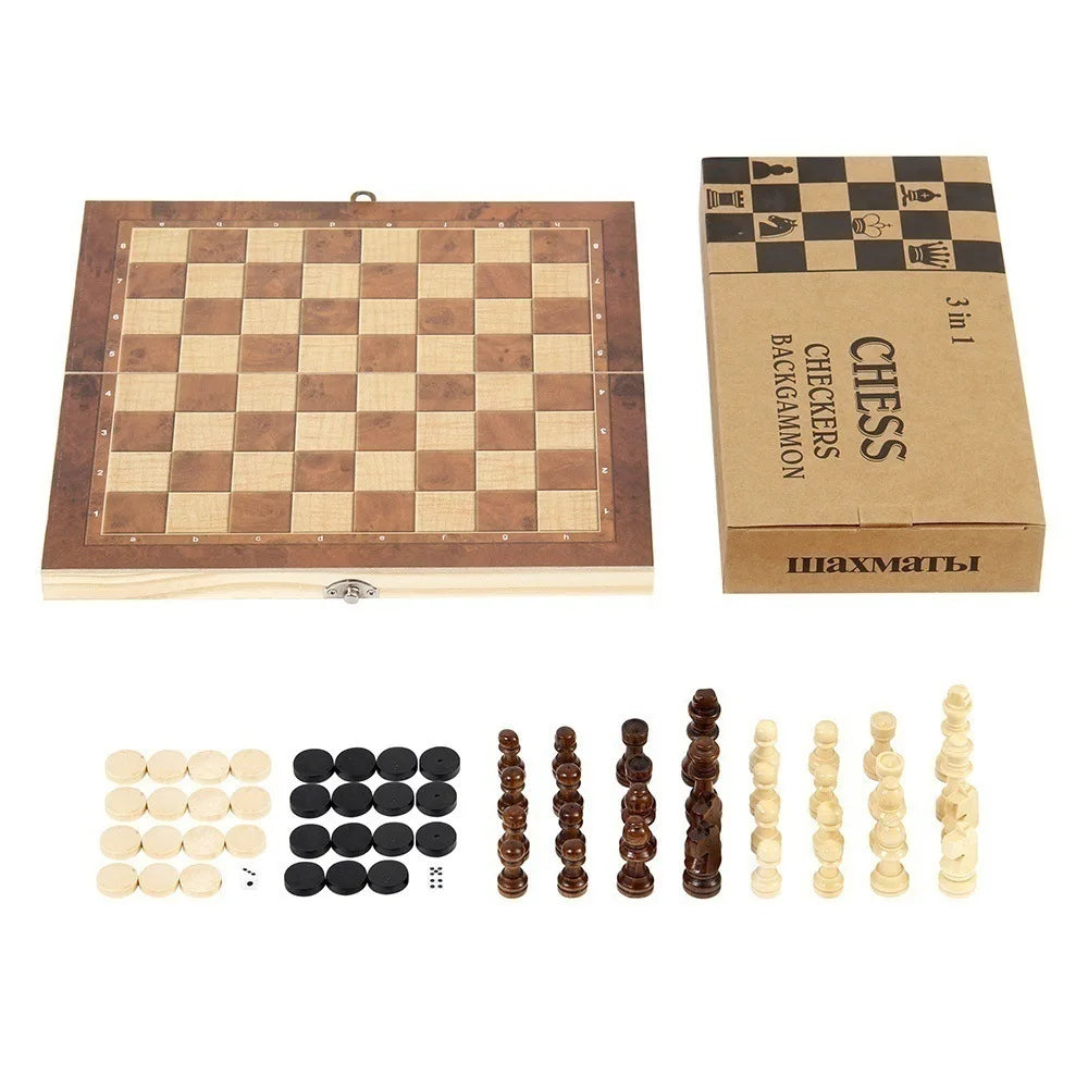 Foldable International Chess 3-in-1 Wooden Chess Set Toy Educational Brain Training Board Game High-end Wood-chess-pieces