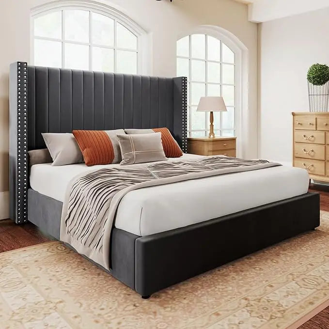 Lift up Storage Bed Frame King Size Upholstered Platform Bed Velvet with Channel Tufted Wingback Headboard No Box Spring Needed