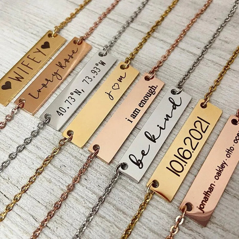 Engraved 14K Gold Bar Necklace Dainty Jewelry Nameplate Stainless Steel Necklace Personalized Bridesmaid Gift Mothers' Day Gift