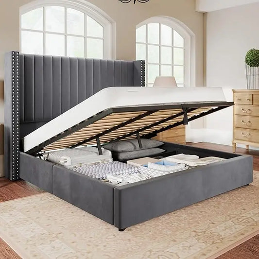 Lift up Storage Bed Frame King Size Upholstered Platform Bed Velvet with Channel Tufted Wingback Headboard No Box Spring Needed