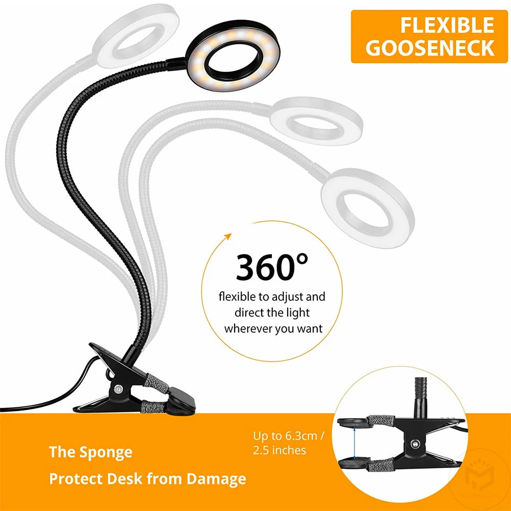 48 LED USB Book Light Clip Desk Lamp Reading Light with 3 Color Mode 10 Brightness Dimmer 360° Flexible Gooseneck Bed Night Lamp