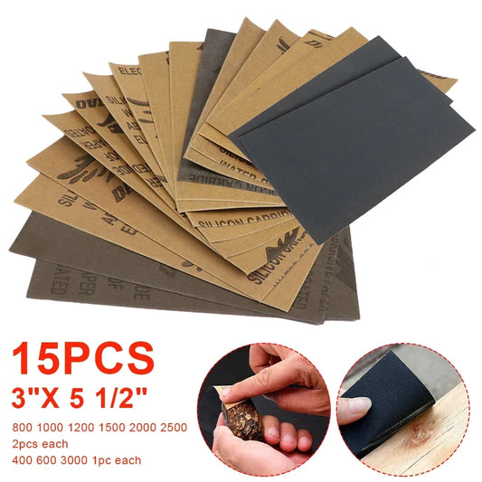 15PCS Wet/Dry Sandpaper Set Polishing 400-3000 Grit Abrasive Sanding Paper for Wood, Metal, Car, Furniture Repair