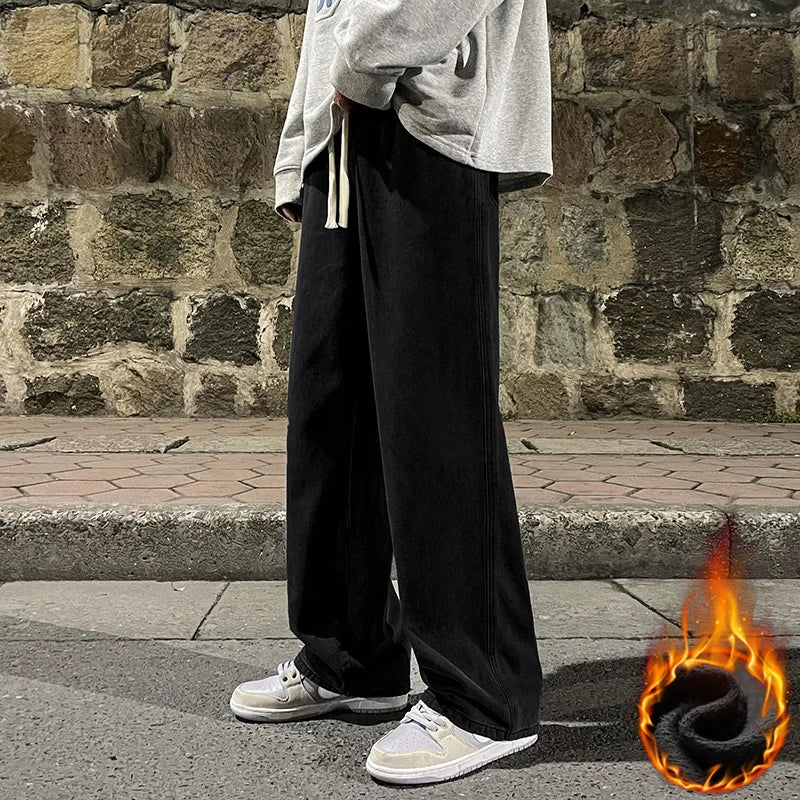 Winter Fleece Loose Jeans,  Loose Straight Velvet Warm and Comfortable Elastic Waist Wide Leg Pants Brand Men's Clothing