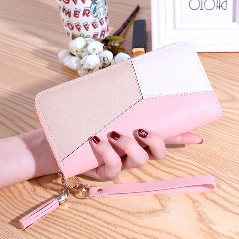 2023 New Women's Wallet Long Contrast Panel Zipper Tassel Large Capacity Wallet Mobile Case