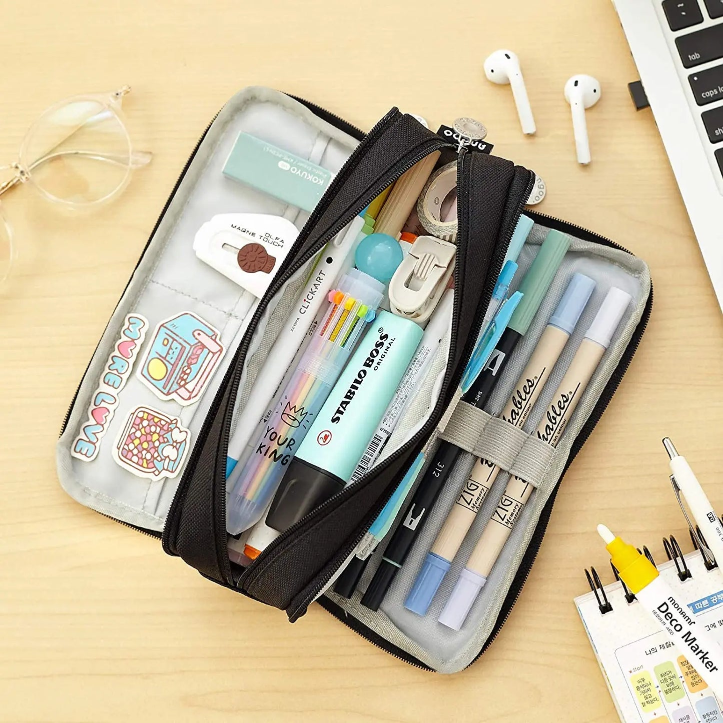 Large Capacity Pencil Case 3 Compartment Canvas for Students Box Office Student Pen Bag Stationery Back to School Supplies