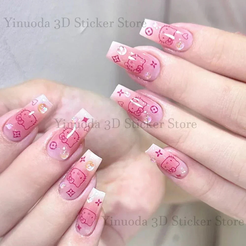 New Nail Stickers Cartoon Stickers Star Bow Hello-Kitty S-Sanrio Cartoon Cat Watercolor Smudge Back Glue Nail Sticker Manicure