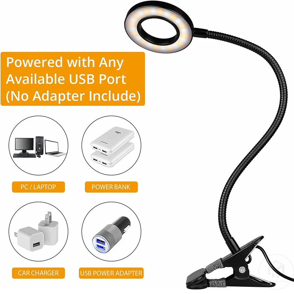 48 LED USB Book Light Clip Desk Lamp Reading Light with 3 Color Mode 10 Brightness Dimmer 360° Flexible Gooseneck Bed Night Lamp