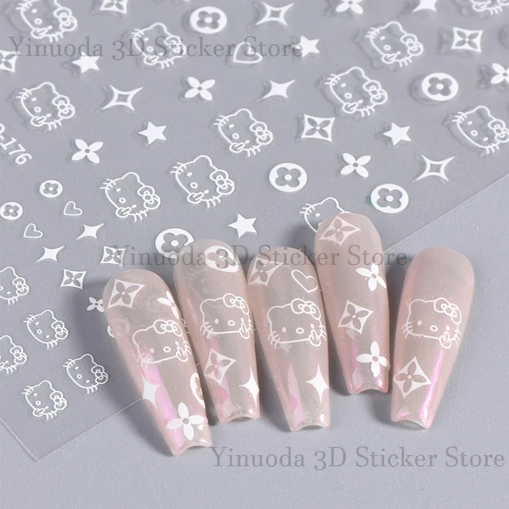 New Nail Stickers Cartoon Stickers Star Bow Hello-Kitty S-Sanrio Cartoon Cat Watercolor Smudge Back Glue Nail Sticker Manicure