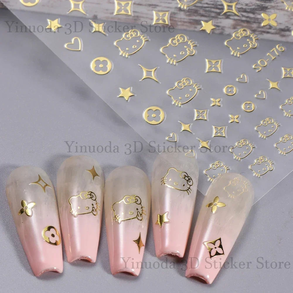 New Nail Stickers Cartoon Stickers Star Bow Hello-Kitty S-Sanrio Cartoon Cat Watercolor Smudge Back Glue Nail Sticker Manicure