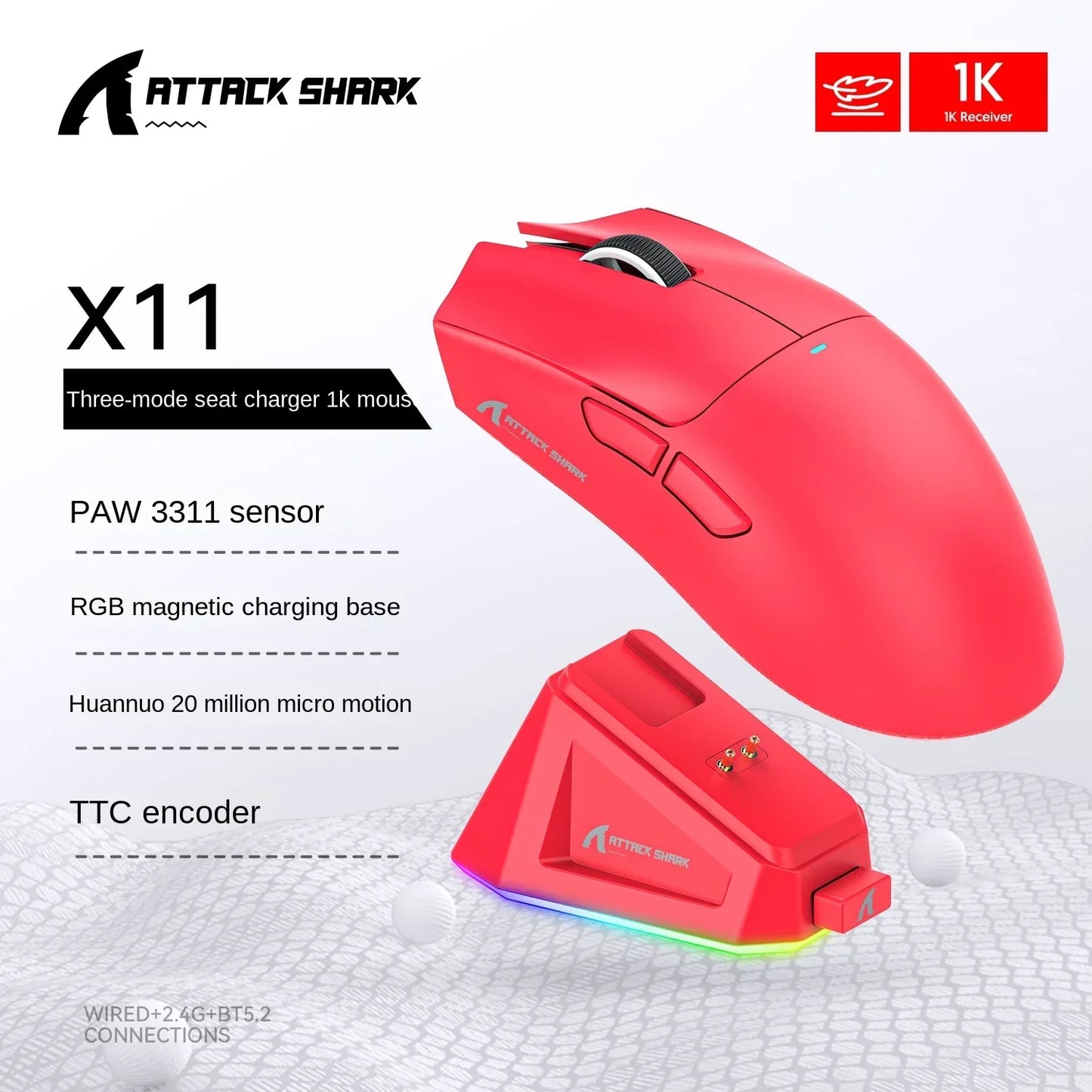 Delux Attack Shark X11 PAW3311 Bluetooth Mouse, Triple Mode Connectivity, Touch Magnetic Charging Dock, Ultra-Light Gaming Mouse