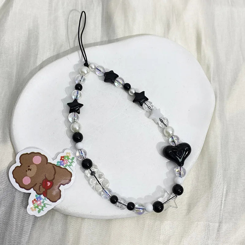 Y2k Black Heart Pearl Beaded Phone Chain Hanging Cord Phone Charms Phone Strap Summer Handmade Mobile Lanyard Jewelry Gift