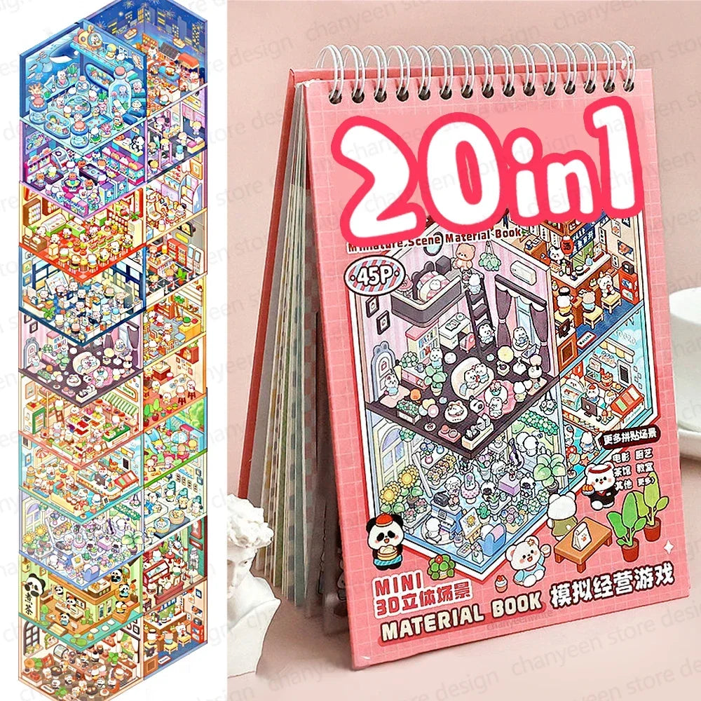 20Pcs 20in1 Cartoon Landscape Sticker Book DIY 3D Pocket Cabin Scene Stickers Gift for Kid Child