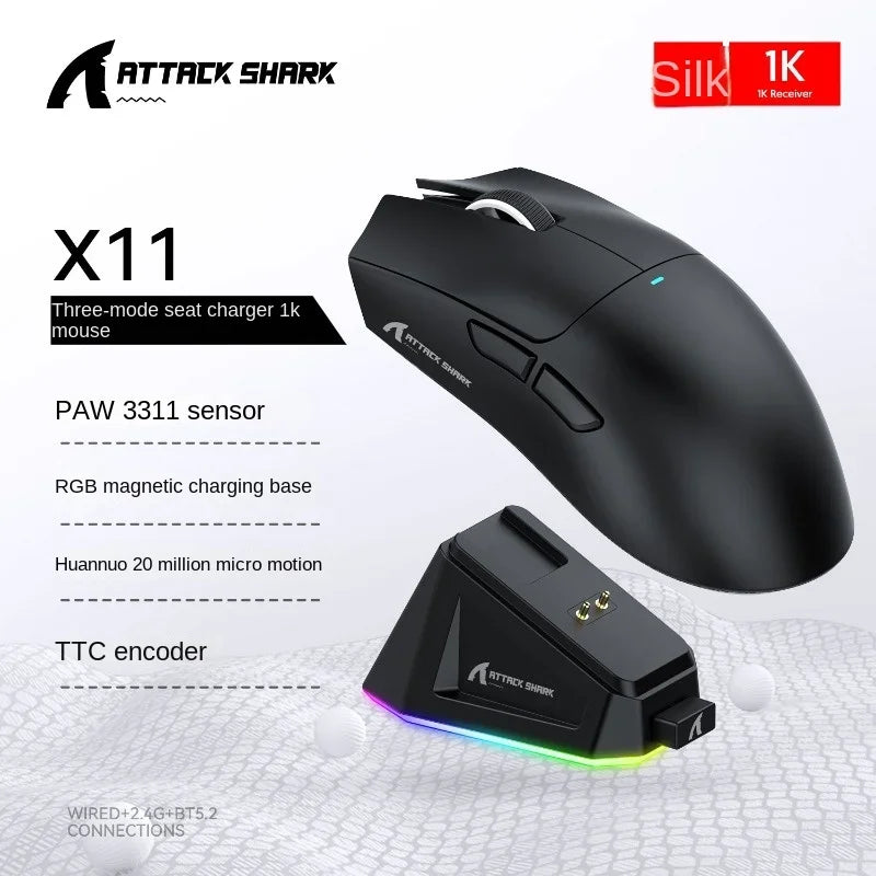 Delux Attack Shark X11 PAW3311 Bluetooth Mouse, Triple Mode Connectivity, Touch Magnetic Charging Dock, Ultra-Light Gaming Mouse