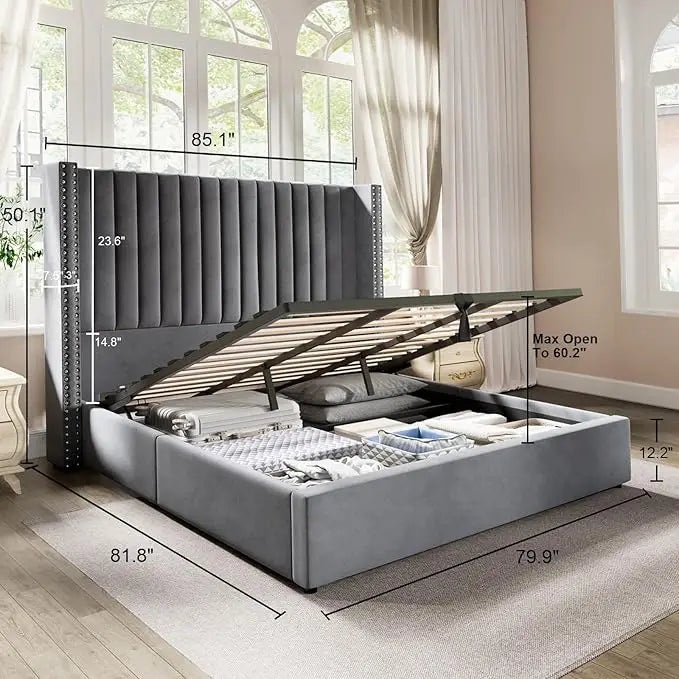 Lift up Storage Bed Frame King Size Upholstered Platform Bed Velvet with Channel Tufted Wingback Headboard No Box Spring Needed