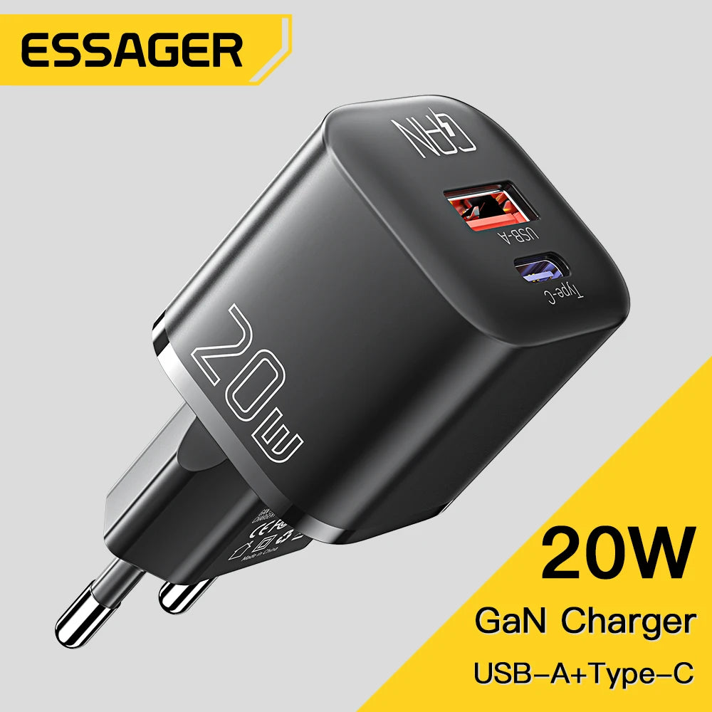 Essager 20W GaN USB Type C Charger PD Fast Charge Phone QC 3.0 Quick Chargers For iPhone 14 13 12 11 Pro Max Mini iPad Charging