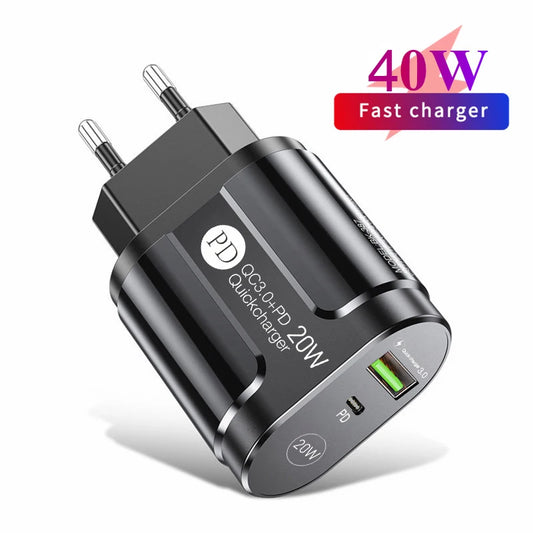 USB Charger Quick Charge QC4.0 3.0 For iPhone Xiaomi Oneplus 40W EU/US/UK Plug Fast Phone Adapter Portable Type C Wall Charger